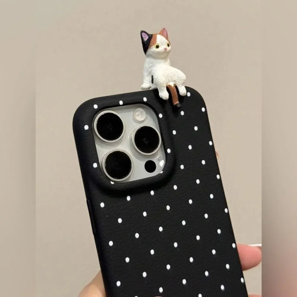 iPhone 16 Pro Max Case – Polka Dot Black with 3D Cat | Cute & Protective